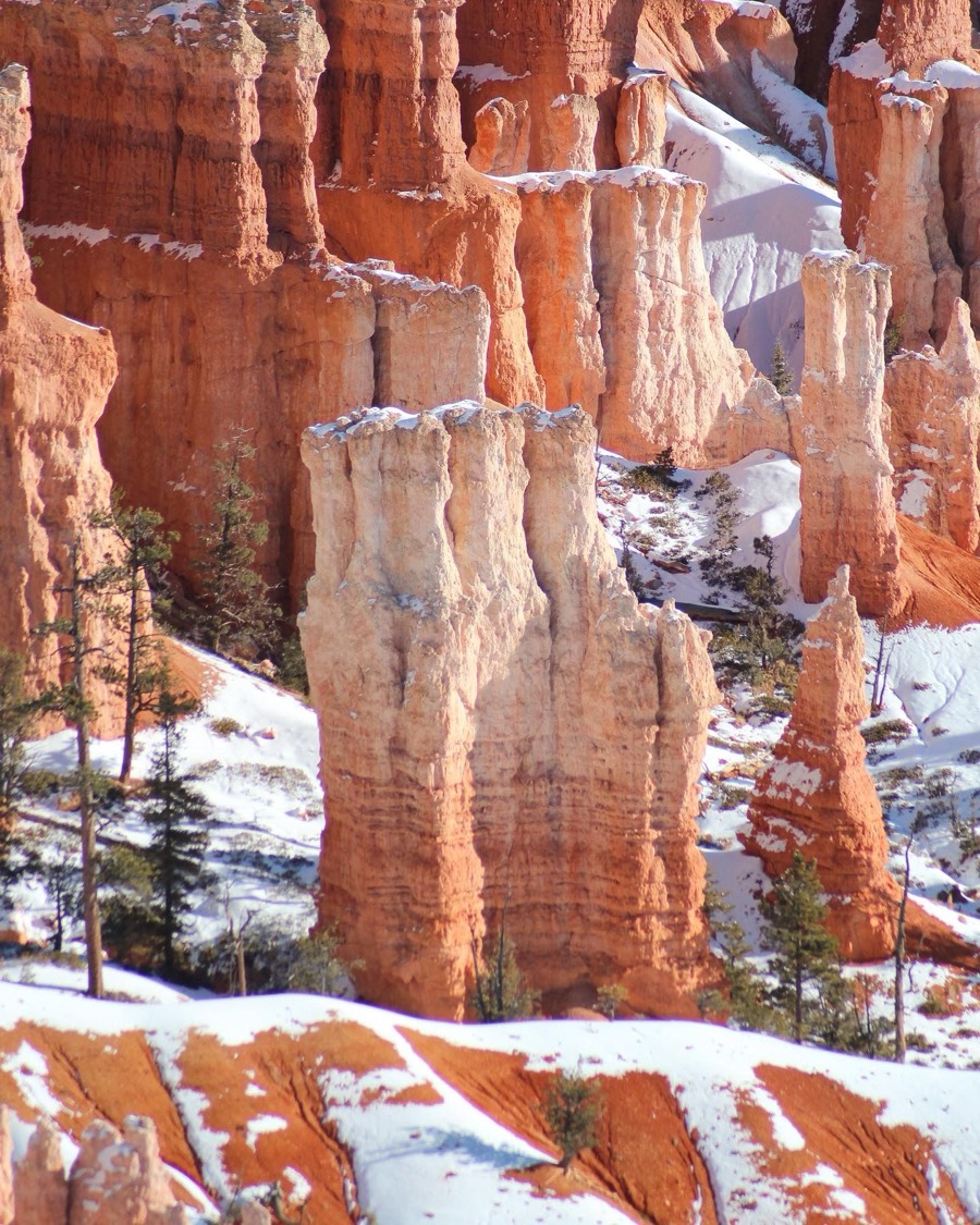 Photo by Graham Hagenah: orange and white hoodoos, tall eroded rock spires, dusted with snow among a few pine trees