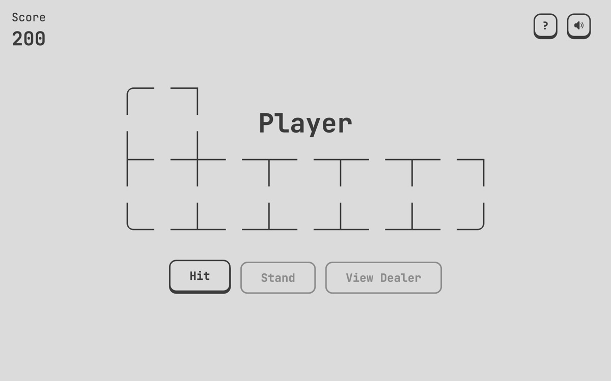 Retro Blackjack in plain gray and monospace type: an empty player's hand outlined in line art, above Hit, Stand and View Dealer buttons