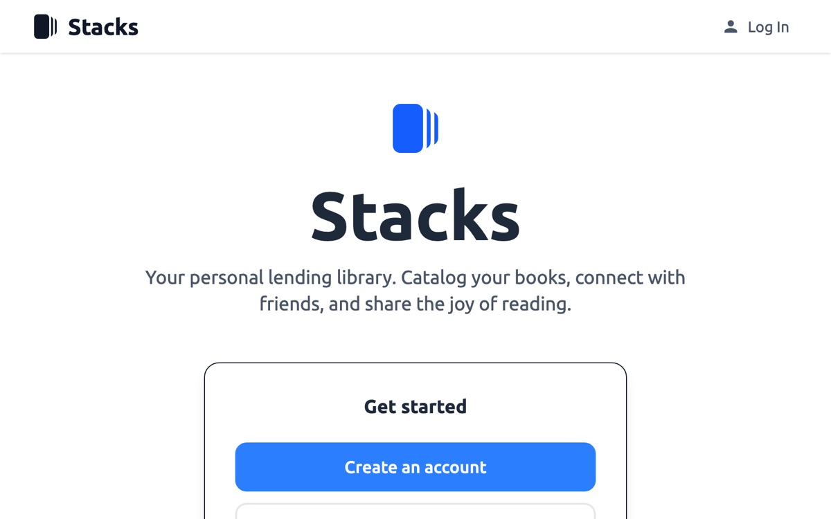 Stacks' welcome page: its book-spine logo, the line Your personal lending library, and a button to create an account