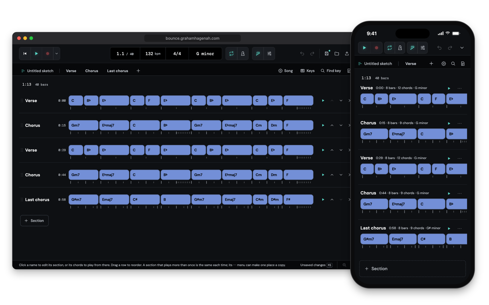Bounce in a desktop browser window, its song sections laid out as rows of chord blocks, beside the same song on a phone, where the rows stack to fit the narrow screen