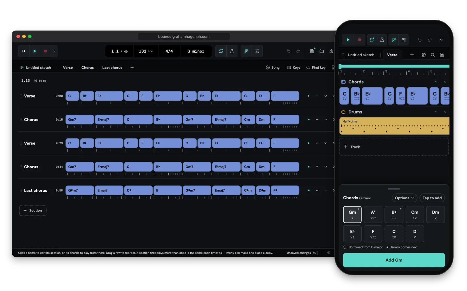 Bounce in a desktop browser window, its song sections laid out as rows of chord blocks, beside a phone open to the verse: its chords and drums on a timeline, and below them the chords of G minor to tap and add