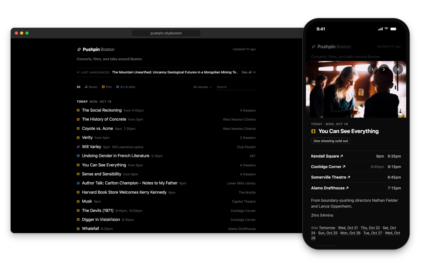 Pushpin Boston in a desktop browser window, listing today's films, concerts and talks with their times and venues, beside a phone showing one film, You Can See Everything, open with a still from it and its showtimes at four theaters