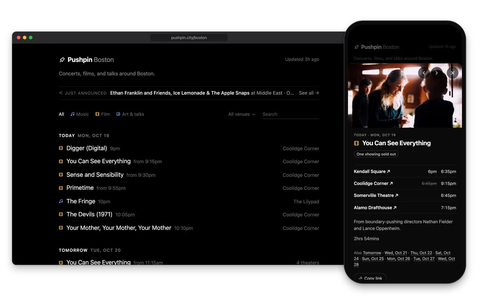 Pushpin Boston in a desktop browser window, listing today's films, concerts and talks with their times and venues, beside a phone showing one film, You Can See Everything, open with a still from it and its showtimes at four theaters