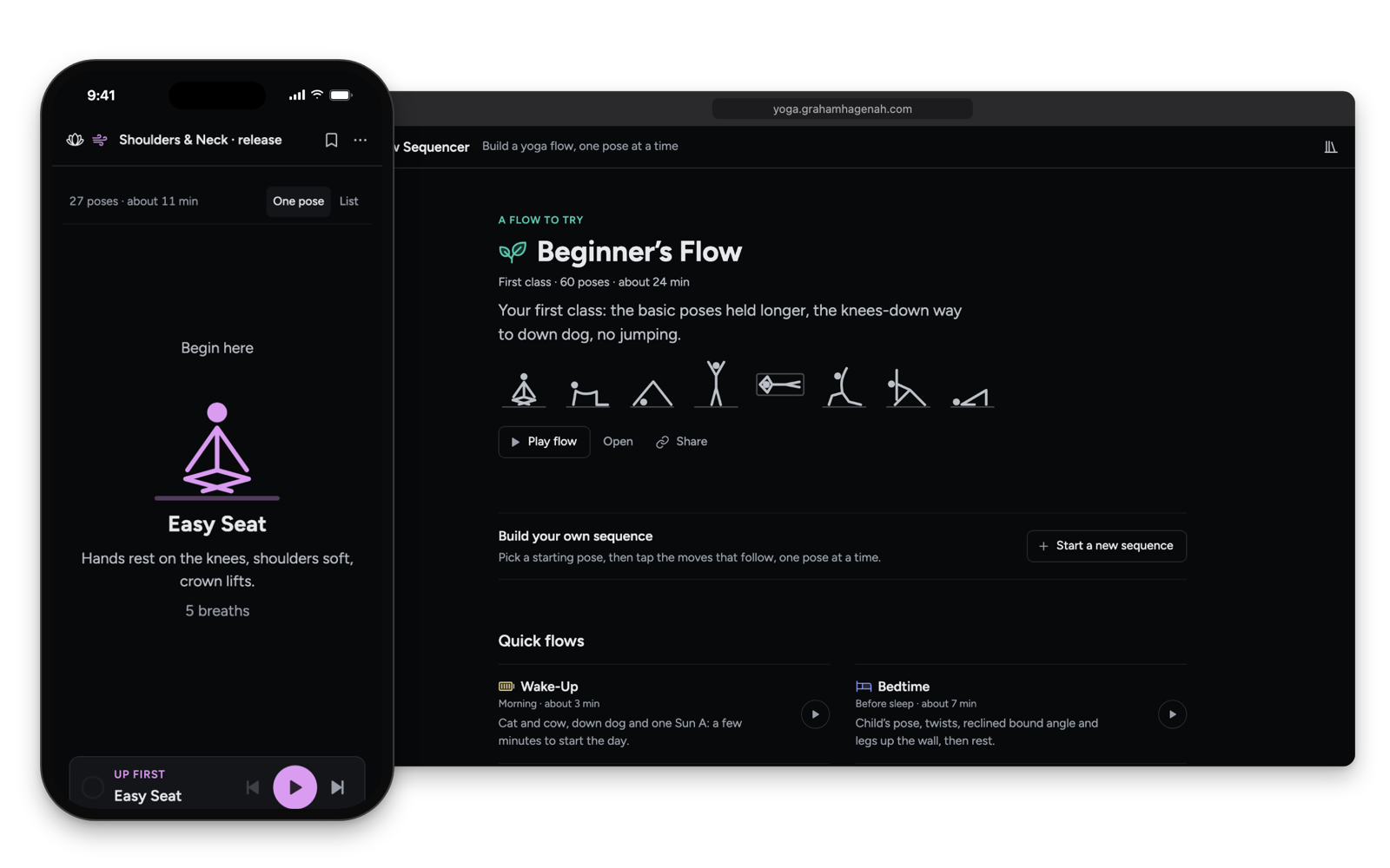 Flow Sequencer on a phone, showing one pose at a time: Easy Seat, drawn large, with its cue and 5 breaths above the player, beside the home page in a desktop browser window with a ready-made flow to try