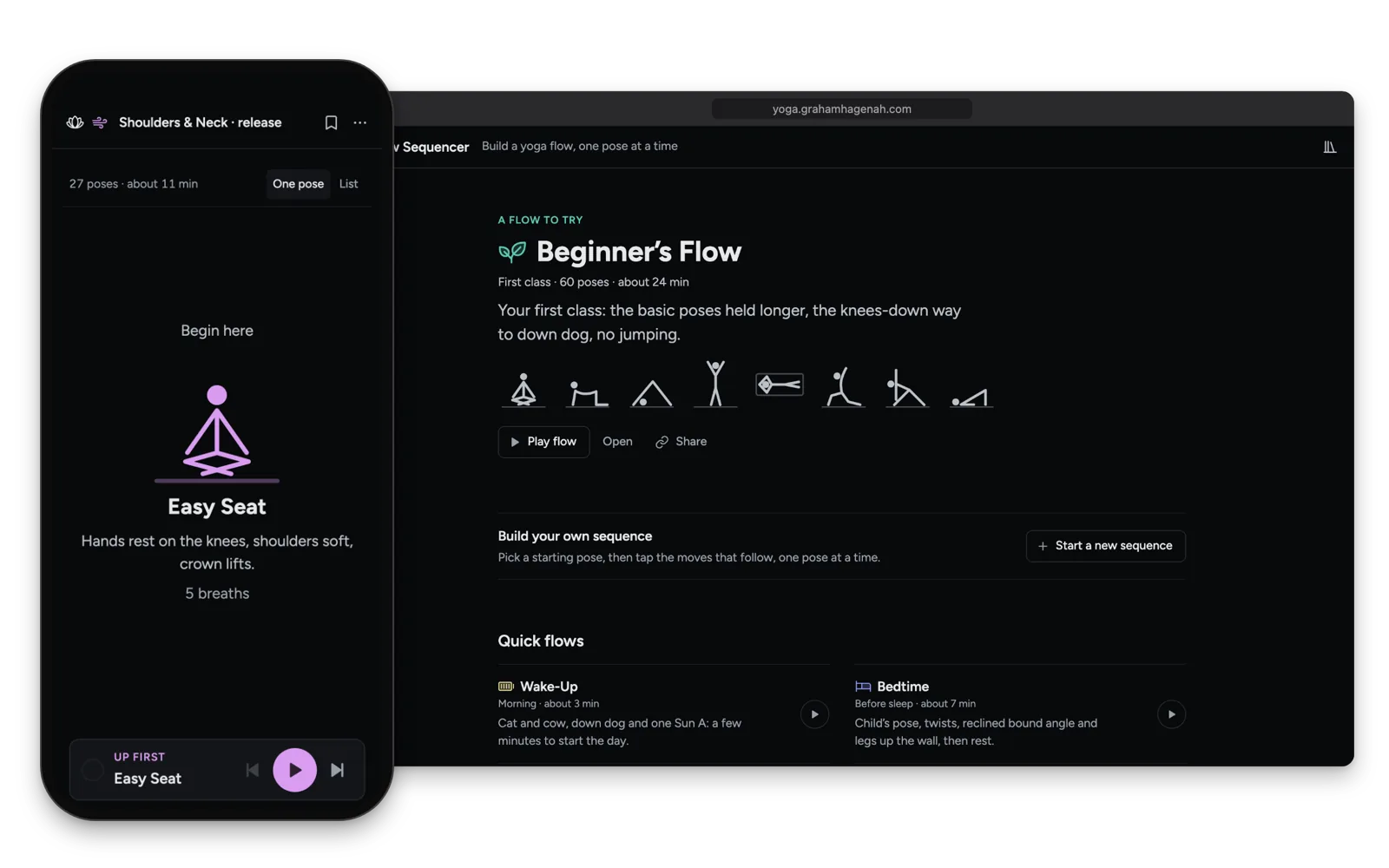 Flow Sequencer on a phone, showing one pose at a time: Easy Seat, drawn large, with its cue and 5 breaths above the player, beside the home page in a desktop browser window with a ready-made flow to try